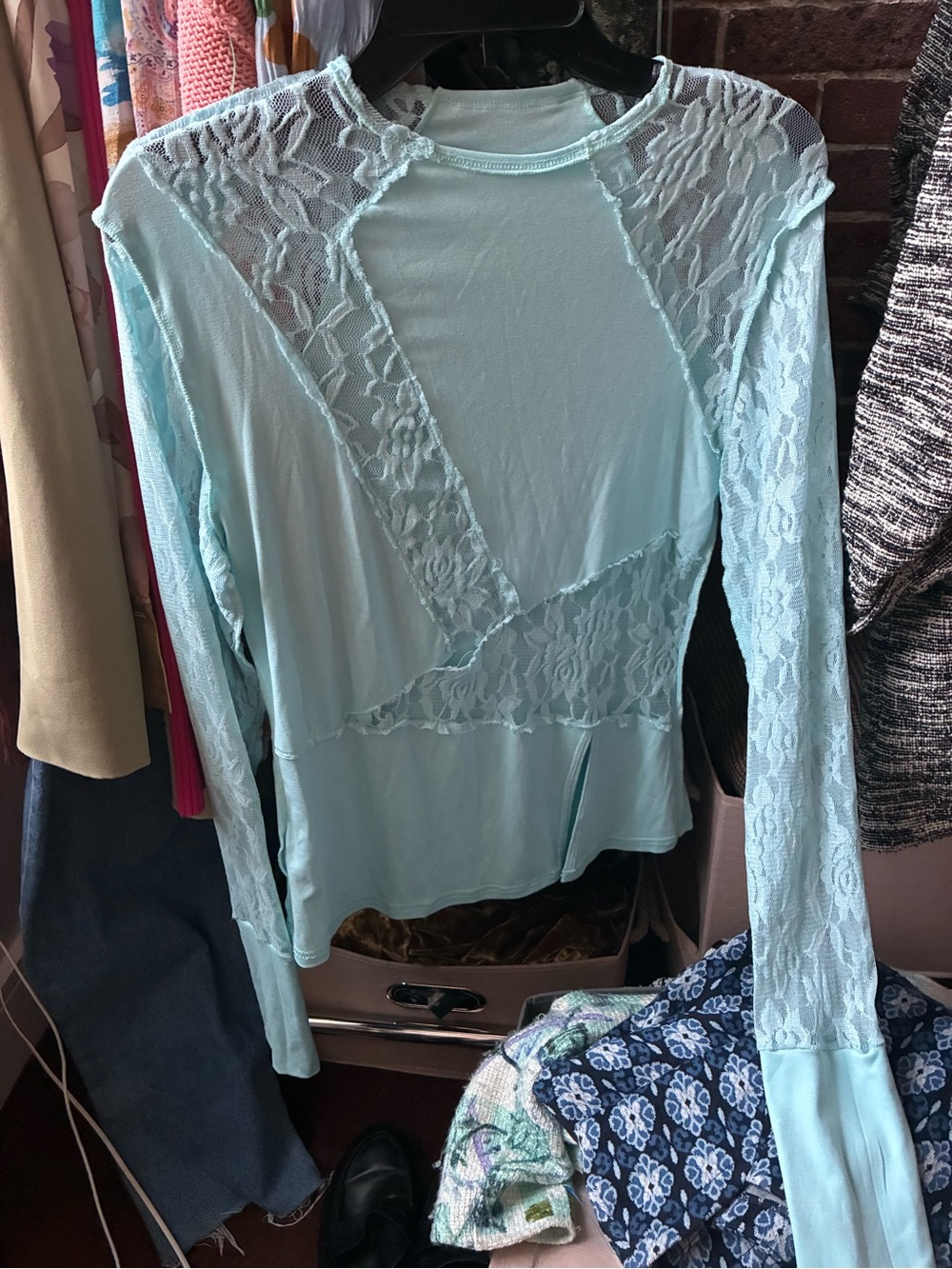 Amazon Light Blue Lace-Panel Long Sleeve Top